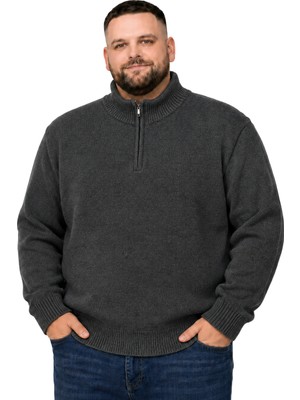 Battal Moda Erkek Büyük Beden Antrasit Hattush Fermuarlı Dik Yaka Triko Kazak 3xl-4xl-5xl-6xl
