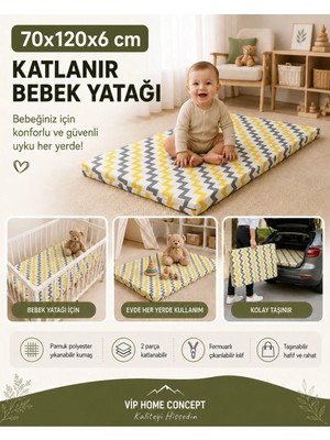 Katlanır Çocuk Yatağı Sünger Yer Yatağı Oyun Minderi Taşınabilir 70X120X6 Cm-Sarı Gri Zikzak