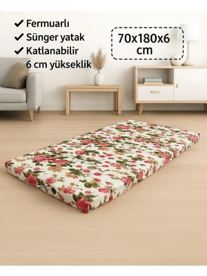 Sünger Yatak 70X180X6 Cm, Yer Yatağı, Balkon Yer Minderi,şantiye,karavan,deprem Yatağı-Ingiliz Gülü