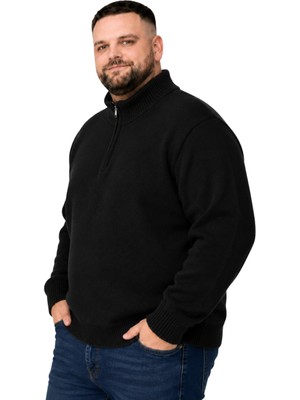 Battal Moda Erkek Büyük Beden Siyah Hattush Fermuarlı Dik Yaka Triko Kazak 3xl-4xl-5xl-6xl