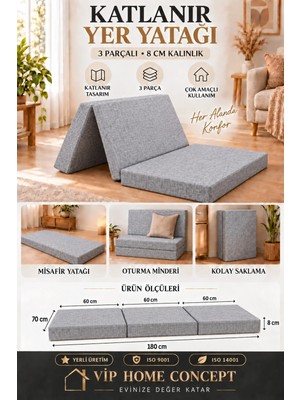 Katlanır Yer Yatağı 70X180X8 cm ve Tek Kişilik Sünger Katlanır Minder Yatak 8 CM-70X180 Cm-Gri
