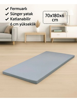 Sünger Yatak 70X180X6 Cm, Yer Yatağı, Balkon Sedir Yer Minderi,şantiye,karavan,deprem Yatağı-Gri