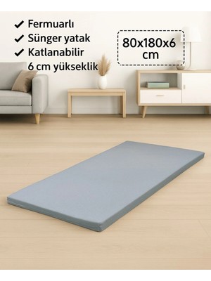 Sünger Yatak 80X180X6 Cm, Yer Yatağı, Balkon Sedir Yer Minderi,şantiye,karavan,deprem Yatağı-Gri