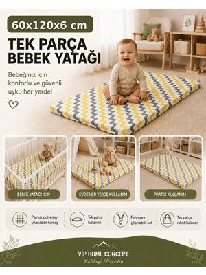 Çocuk Yatağı Sünger Yer Yatağı Oyun Minderi Bebek Yatağı 60X120X6 Cm-Sarı Gri Zikzak