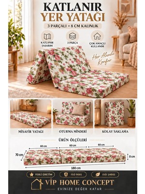 Katlanır Yer Yatağı 70X180X8 cm ve Tek Kişilik Sünger Katlanır Minder Yatak 8 CM-70X180 Cm-Ingiliz Gülü