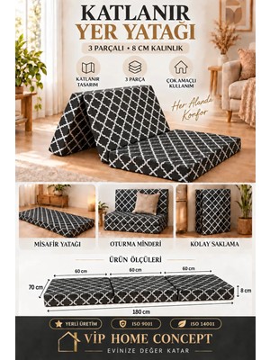Vip Home Concept Katlanır Yer Yatağı 70X180X8 cm ve Tek Kişilik Sünger Katlanır Minder Yatak 8 CM-70X180 Cm-Karaçatı