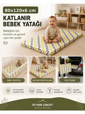 Vip Home Concept Katlanır Çocuk Yatağı Sünger Yer Yatağı Oyun Minderi Taşınabilir 80X120X6 Cm-Sarı Gri Zikzak