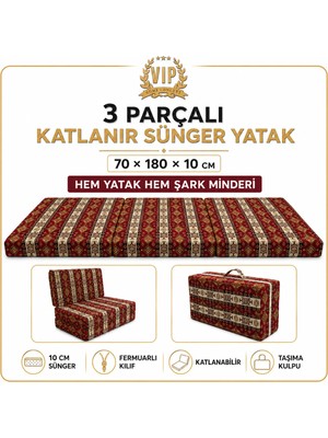 Vip Home Concept Katlanır Şark Minderi 70X180X10 cm 3 Parçalı Katlanır Sünger Yatak Şark Köşesi ve Yer Minderi – Kırmızı