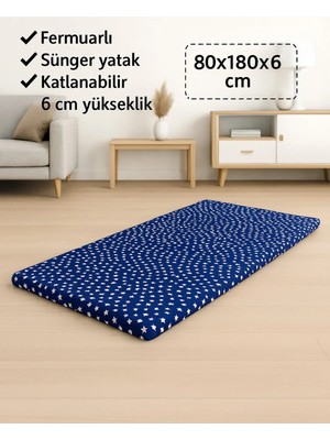 Vip Home Concept Sünger Yatak 80X180X6 Cm, Yer Yatağı,yer Minderi,şantiye,karavan,deprem Yatağı-Lacivert Yıldız