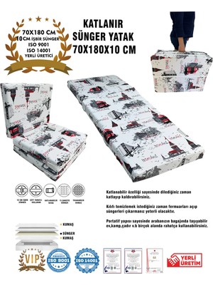 Vip Home Concept Katlanır Yer Yatağı ve Tek Kişilik Sünger Katlanır Minder Yatak 70X180X10 Cm-Istanbul