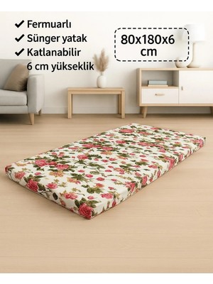 Vip Home Concept Sünger Yatak 80X180X6 Cm, Yer Yatağı, Balkon Yer Minderi,şantiye,karavan,deprem Yatağı-Ingiliz Gülü
