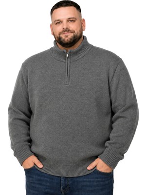 Battal Moda Erkek Büyük Beden Füme Hattush Fermuarlı Dik Yaka Triko Kazak 3xl-4xl-5xl-6xl