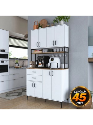 Rani JE213 Çok Amaçlı Dolap 8 Kapaklı 2 Çekmeceli Beyaz - Sepet Ceviz Suntalam Modern Tasarım 120 cm