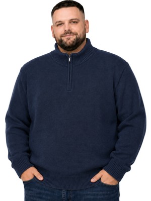 Battal Moda Erkek Büyük Beden Lacivert Hattush Fermuarlı Dik Yaka Triko Kazak 3xl-4xl-5xl-6xl