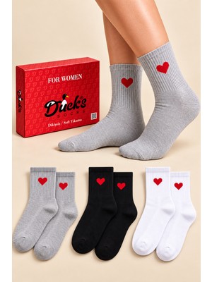 Ducks Socks Kadın Beyaz Bambu Dikişsiz 6'lı Kutulu Kalp Desenli Yumuşak Kısa Konç Çorap