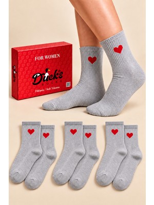 Ducks Socks Kadın Beyaz Bambu Dikişsiz 6'lı Kutulu Kalp Desenli Yumuşak Kısa Konç Çorap