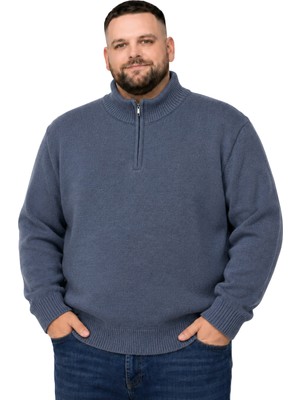 Battal Moda Erkek Büyük Beden Indigo Hattush Fermuarlı Dik Yaka Triko Kazak 3xl-4xl-5xl-6xl