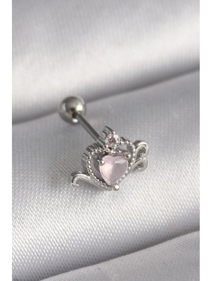 316L Çelik Gümüş Renk Pembe Mineli Kalp Zirkon Taş Detay Tragus Piercing