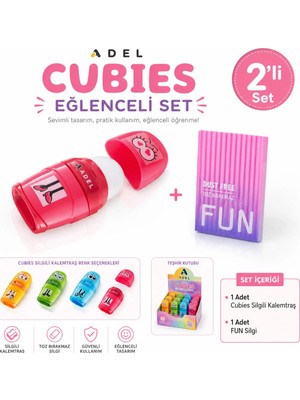 Adel Cubies Silgili Kalemtıraş ve Fun Toz Bırakmayan Silgi 2’li Set – Eğlenceli, Renkli ve Şık Okul Kırtasiye Seti