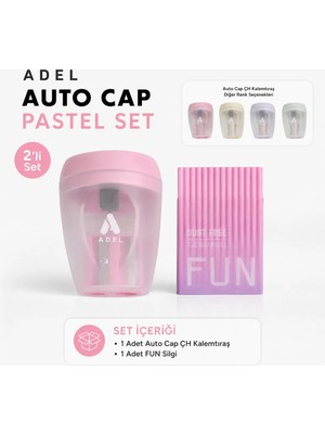 Adel Auto Cap Pastel Kalemtıraş ve Fun Toz Bırakmayan Silgi 2’li Premium Okul Seti – Şık, Renkli ve Pratik Kırtasiye Seti