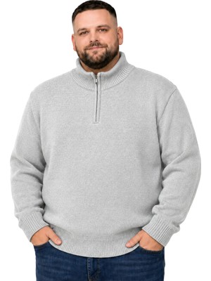 Battal Moda Erkek Büyük Beden Açık Gri Hattush Fermuarlı Dik Yaka Triko Kazak 3xl-4xl-5xl-6xl