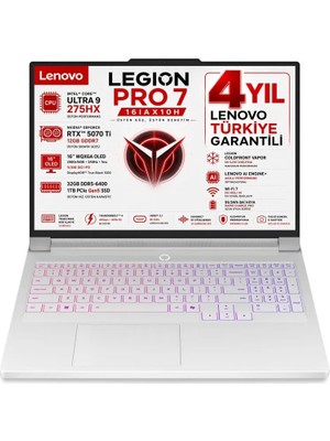 Lenovo Legion Pro 7 16IAX10H Intel Core Ultra 9 275HX 32GB 1TB SSD RTX 5070 TI 12GB 16" WQXGA (2560X1600) OLED 240Hz 140W Freedos Taşınabilir Bilgisayar 83F500KFTR
