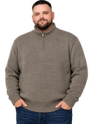Battal Moda Erkek Büyük Beden Vizon Hattush Fermuarlı Dik Yaka Triko Kazak 3xl-4xl-5xl-6xl