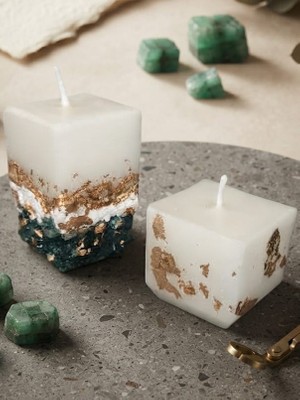 Tolu Mini Kaide Vanilya Kokulu Soya Wax Mum Ikili Set 5*5*5 cm ve 8*5*5 cm Altın Varaklı El Yapımı Dekoratif Obje Kristal Cam Taş Beton Taştozu Silindir Blok Kütük Kandil Şamdan Parafin Epoksi Reçine