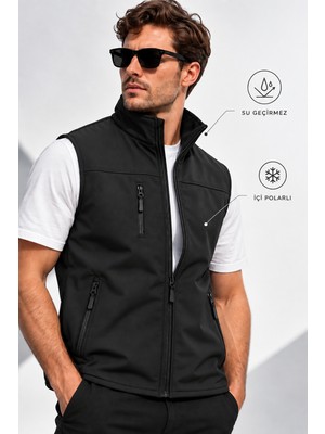 Erkek Su Geçirmez Softshell Yelek Içi Polarlı 3 Fermuarlı Cepli Çift Dik Yaka Iç Cepli