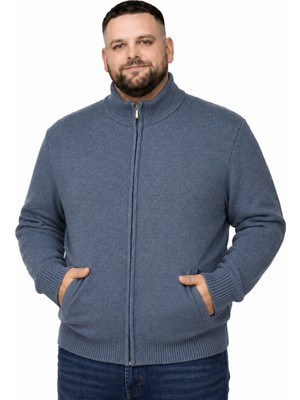 Battal Moda Erkek Büyük Beden Indigo Hattush Dik Yaka Cepli Triko Hırka 3xl-4xl-5xl-6xl