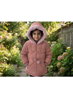 Kız Çocuk Pelüş Içi Kürklü Kapüşonlu Beli Ayarlanabilir Şişme Mont