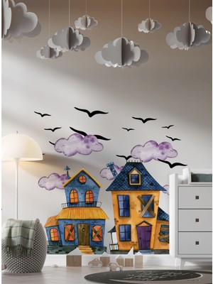 S Digital Halloween Ev Temalı Sticker Seti - Çocuk Odası Duvar Süsü - Bulut Kuş Figürlü Dekor
