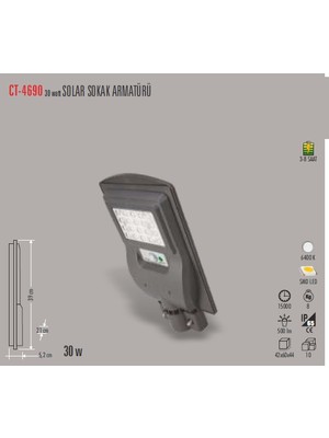 Cata CT-4690 20W Solar Sokak Armütürü Cata Beyaz Işık 6400 Kelvin Güçlü 500 Lümen Özellik