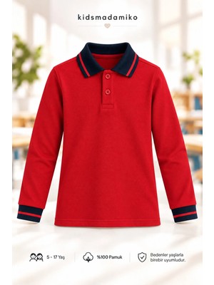 Kidsmadamiko Uzun Kollu Polo Yaka %100 Pamuk Pike Okul Tişörtü Kırmızı Lacivert 5-17 Yaş