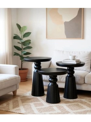 Aselya Home Doğal Ahşap 3'lü Set Siyah Mantar Yan Sehpa Modern Fiskos Zigon Çiçeklik