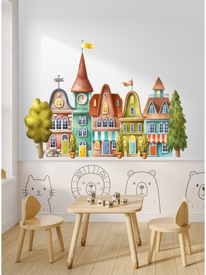 S Digital Masalsı Kasaba Temalı Sticker Seti - Bebek/çocuk Odası Duvar Dekoru - 2 Ölçü Seçeneği - Kendinden Yapışkanlı Mat Pvc Folyo