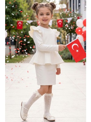 Parla Kids Kız Çocuk Diana Krem Renkli Volan Etekli Fırfır Detaylı Uzun Kollu Elbise 29 Ekim Gösteri Kıyafeti