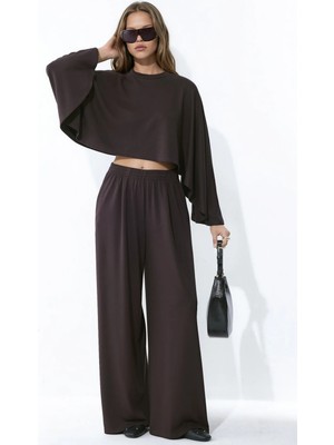 Hiccup Kadınlar Modal Touch Oversize Bolero Bluz & Palazzo Pantolon Örme Alt-Üst Takım Kestane Kahvesi