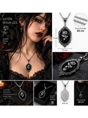 Herşey Nota Gotik Tablo Siyah Gül Kolye – Vintage Çerçeveli Gül Figürlü 60 cm Zincir