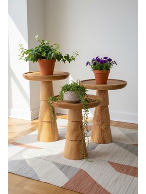 Aselya Home Doğal Ahşap 3'lü Set Meşe Renk Mantar Yan Sehpa Modern Fiskos Zigon Çiçeklik
