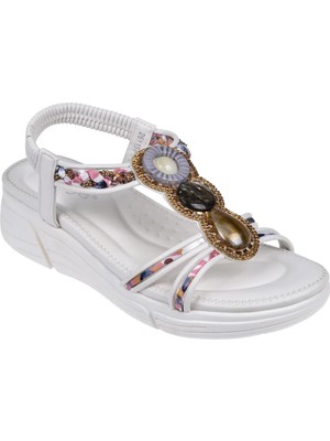 Guja Taşlı Comfort 5cm Dolgu Taban Kadın Sandalet GJ-26Y1542 Beyaz
