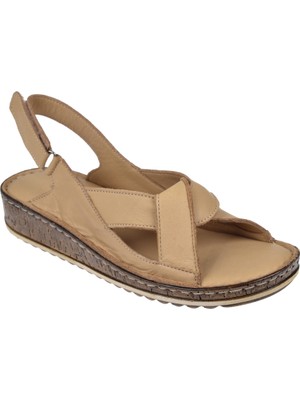 Castle Black Hakiki Deri Comfort Kadın Sandalet CB-22354 Bej