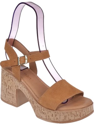 Pullman Hakiki Deri Platform Taban Kadın Sandalet PLM-26158 Taba Süet