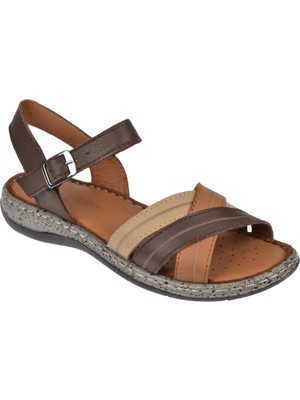 Castle Black Hakiki Deri Comfort Kadın Sandalet CB-22382 Kahve Multi