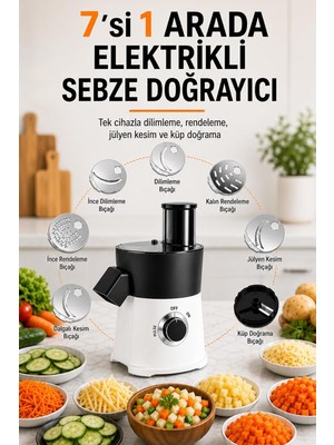 Elektrikli Sebze Meyve Doğrayıcı – 8 mm Küp Doğrama, 7 Kesim Aparatı, 65 mm Geniş Besleme Beyaz