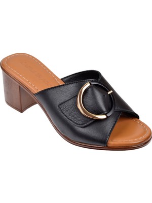 Castle Black Hakiki Deri 6 cm Topuklu Kadın Terlik CB-4576 Siyah
