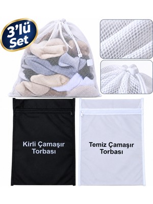 Luna Çeyiz Hediyelik 3 Parça Çamaşır Düzenleme Seti – 50X60 cm Yıkama Filesi + 30X40 cm Temiz Çamaşır Torbası  ve 30X40 cm Kirli Çamaşır Torbası