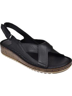 Castle Black Hakiki Deri Comfort Kadın Sandalet CB-22354 Siyah