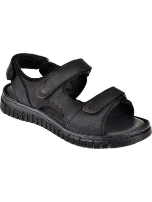 Forelli Hakiki Deri Comfort Cırtlı Kadın Sandalet Arya FOR-38506 Siyah Nubuk
