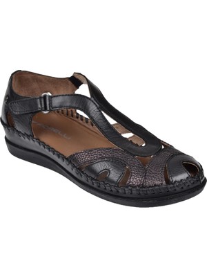 Forelli Hakiki Deri Comfort Kadın Sandalet FOR-22521 Siyah Baskı
